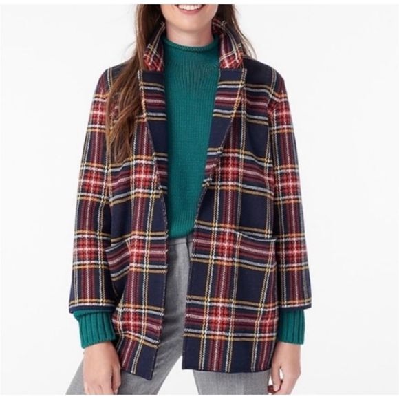 J.Crew Jackets & Blazers - Sophie Open-Front Sweater-Blazer Navy Bright Cerise Stewart Tartan Women’s Siz S